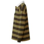 Side view of women’s rugby long sleeve shirt with buttoned collar and front logo icon, shown on a plain background.