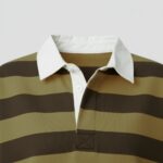 Close-up view of women’s rugby long sleeve shirt showing the buttoned collar, chest placket, and front logo icon on soft knit fabric.