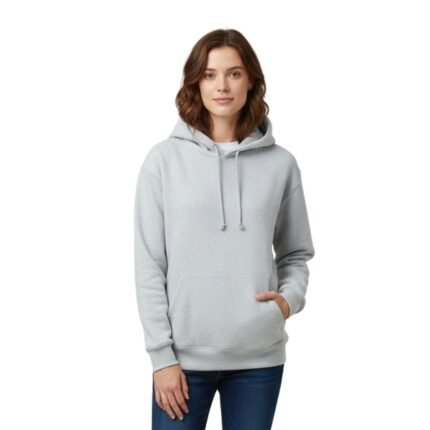 Model wearing a women’s basketball hoodie, standing to show the front view with hood up, long sleeves, kangaroo pocket, and small logo icon on the chest.