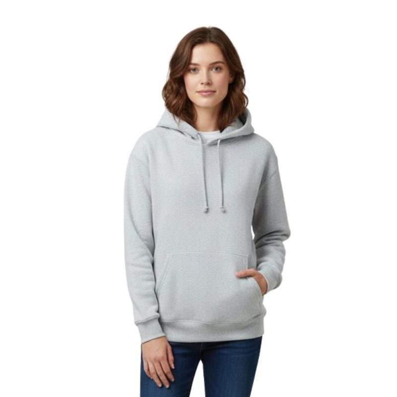 Model wearing a women’s basketball hoodie, standing to show the front view with hood up, long sleeves, kangaroo pocket, and small logo icon on the chest.