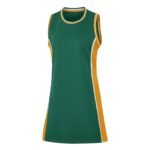 Women’s basketball jersey dress front view in casual sporty bodycon fit, centered on a plain background.