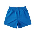 Back view of women’s basketball shorts laid flat, showing the relaxed ladies’ fit, elastic waistband, and smooth mid-thigh length legs.