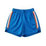 Front view of women’s basketball shorts laid flat, showing the relaxed ladies’ fit, elastic waistband, mid-thigh length, and a small logo icon near the hem.