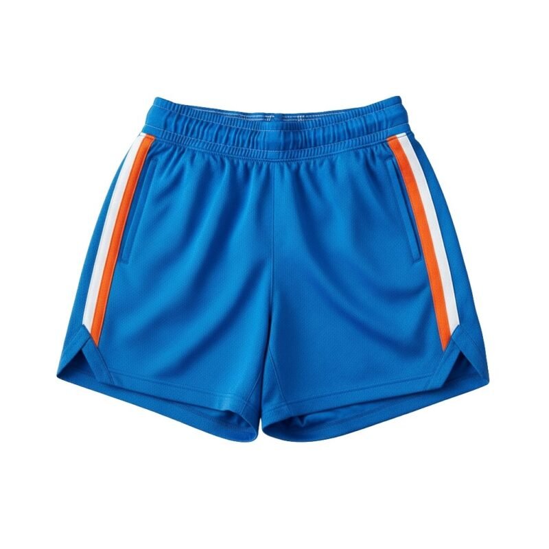 Front view of women’s basketball shorts laid flat, showing the relaxed ladies’ fit, elastic waistband, mid-thigh length, and a small logo icon near the hem.