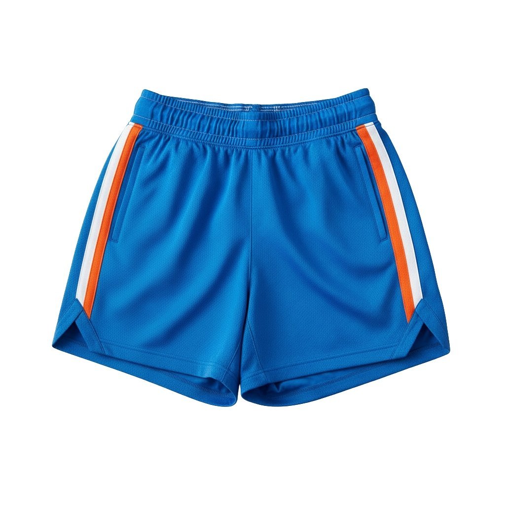 Womens-bsketball-shorts-front-view.jpg Front view of women’s basketball shorts laid flat, showing the relaxed ladies’ fit, elastic waistband, mid-thigh length, and a small logo icon near the hem.