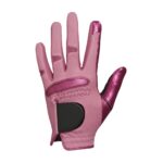 Women’s white left-hand golf glove shown from the back, with a small logo icon on the wrist.