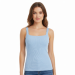 Light blue women’s golf tank top shown from the front on a model. Sleeveless crew-neck design in smooth, breathable performance fabric with a small logo icon near the hem