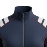Womens rugby jacket close-up view of front zip showing zipper detail and fabric texture