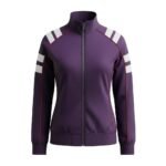 Womens rugby jacket in deep purple color full front view showing lightweight athletic fit and sporty design
