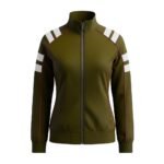 Womens rugby jacket in olive gold color full front view showing lightweight athletic fit and sporty design