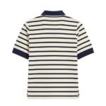 Back view of women’s striped rugby short sleeve polo shirt showing the full rear panel and horizontal stripes on a plain background.