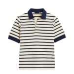 Front view of women’s striped rugby short sleeve polo shirt with buttoned collar and chest logo icon, displayed on a plain background.