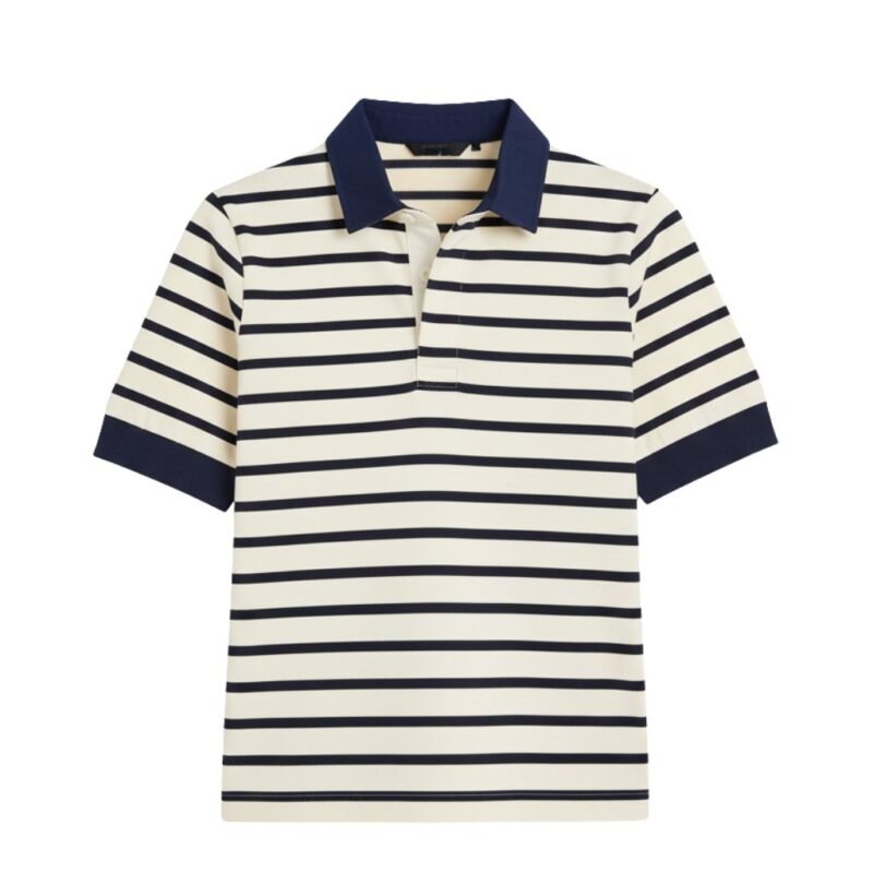 Front view of women’s striped rugby short sleeve polo shirt with buttoned collar and chest logo icon, displayed on a plain background.