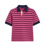 Front view of women’s striped rugby short sleeve polo shirt in hot pink with buttoned collar and chest logo icon, displayed on a plain background.