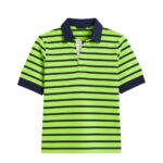 Front view of women’s striped rugby short sleeve polo shirt in lime green with buttoned collar and chest logo icon, displayed on a plain background.