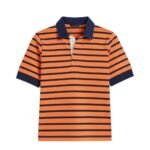 Front view of women’s striped rugby short sleeve polo shirt in orange with buttoned collar and chest logo icon, displayed on a plain background.