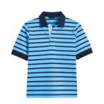 Front view of women’s striped rugby short sleeve polo shirt in sky blue with buttoned collar and chest logo icon, displayed on a plain background.