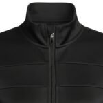 Close-up front view of women's tennis jacket showing zipper detail and performance fabric