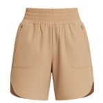 Front view of women’s high-waisted tennis shorts, showing wide waistband, side pockets, and mid-thigh athletic length.
