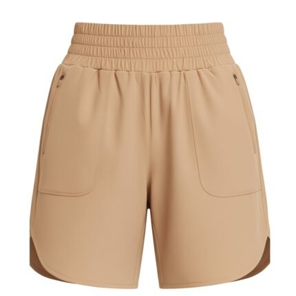 Front view of women’s high-waisted tennis shorts, showing wide waistband, side pockets, and mid-thigh athletic length.