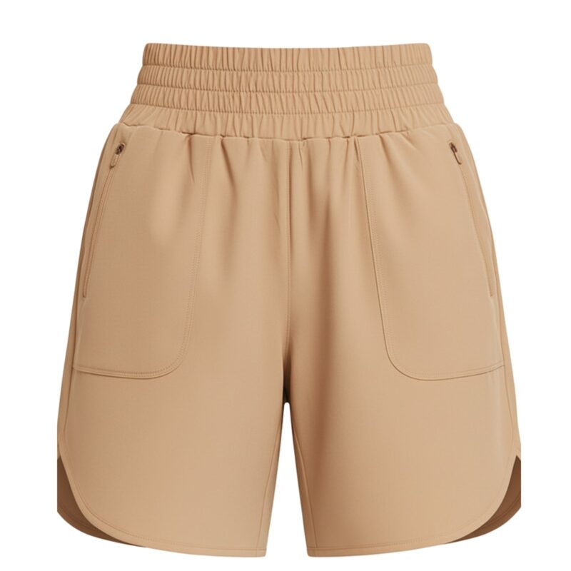 Front view of women’s high-waisted tennis shorts, showing wide waistband, side pockets, and mid-thigh athletic length.