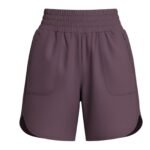 Mauve plum women’s high-waisted tennis shorts, front view, showing wide waistband, side pockets, and curved athletic hem.