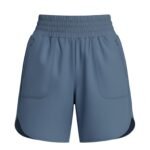 Medium blue women’s high-waisted tennis shorts, front view, showing wide waistband, side pockets, and curved athletic hem.