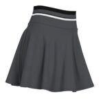 Front view of a women’s gray high performance tennis skort on a model, featuring a flat waistband, smooth front panel, and athletic length in versatile gray fabric.