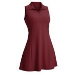 Maroon women’s sleeveless tennis dress, front view, with square neck and flared active skirt.