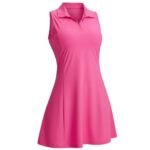 Women’s sleeveless tennis dress, front view, with square neck and flared active skirt.