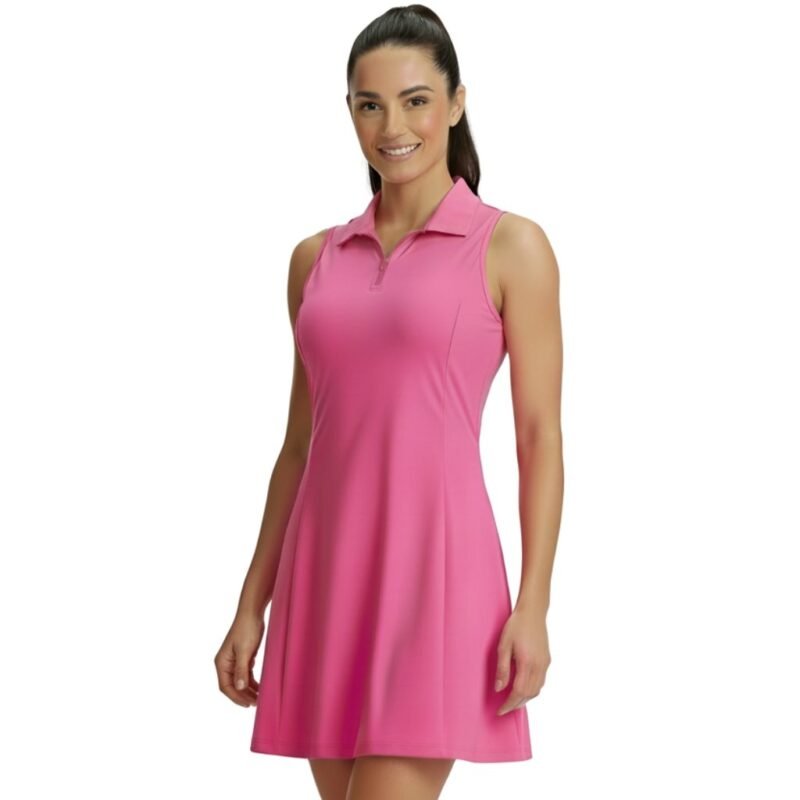 Model wearing women’s sleeveless square-neck tennis dress, front view, showing fitted top and flared active skirt.