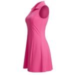 Side view of women’s sleeveless square-neck tennis dress, showing fitted bodice and flared active skirt.