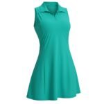 Teal women’s sleeveless tennis dress, front view, with square neck and flared active skirt.