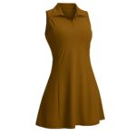 Warm brown women’s sleeveless tennis dress, front view, with square neck and flared active skirt.