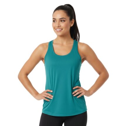 Model wearing women’s quick-dry tennis tank top, front view, with racerback performance fit.