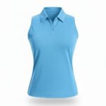 Sky blue women’s sleeveless collared tennis vest shirt, front view, with button placket and chest logo icon.