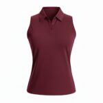 Women’s sleeveless collared tennis vest shirt, front view, with button placket and logo icon on chest.