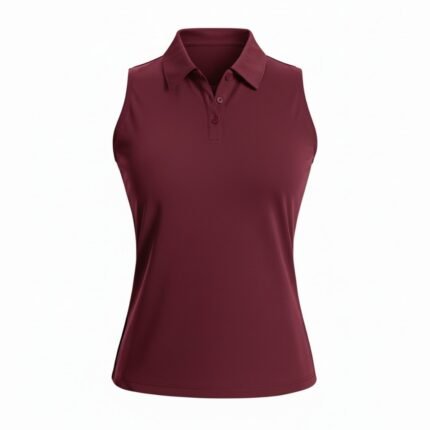 Women’s sleeveless collared tennis vest shirt, front view, with button placket and logo icon on chest.