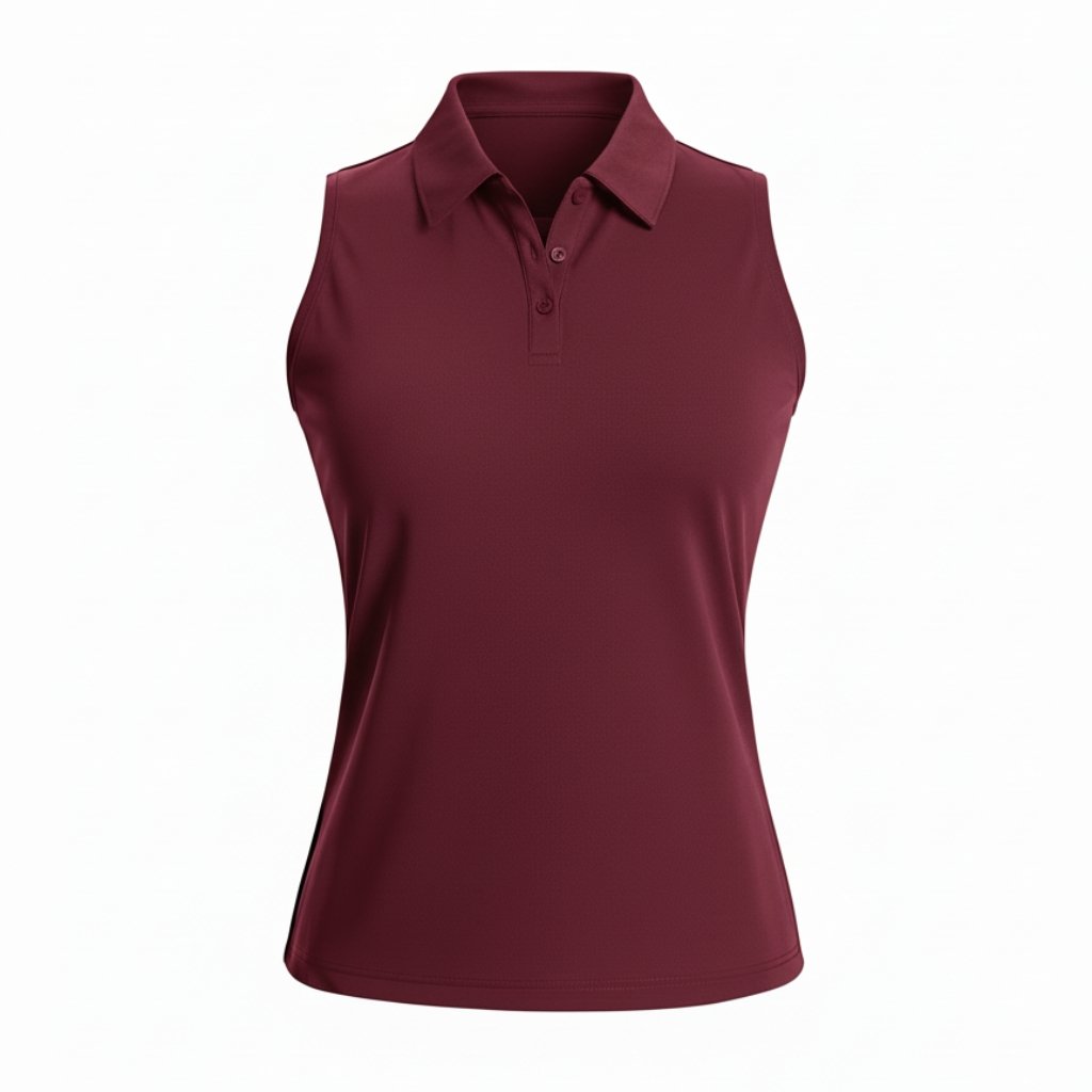 Womens-tennis-vest-shirt-front-view.jpg Women’s sleeveless collared tennis vest shirt, front view, with button placket and logo icon on chest.