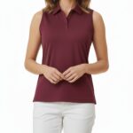 Model wearing women’s sleeveless collared tennis vest shirt, front view, with button placket and chest logo icon.