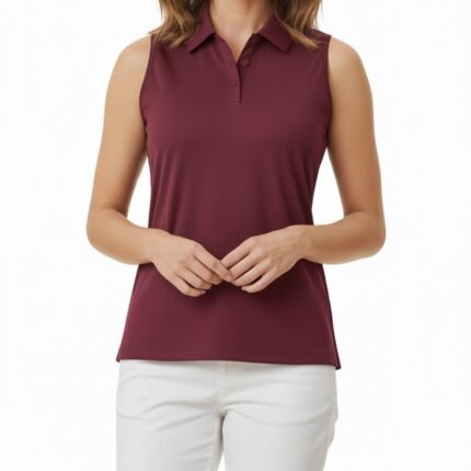 Model wearing women’s sleeveless collared tennis vest shirt, front view, with button placket and chest logo icon.