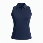 Navy women’s sleeveless collared tennis vest shirt, front view, with button placket and chest logo icon.