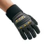 Working gloves worn on hands, close-up front view on plain background.