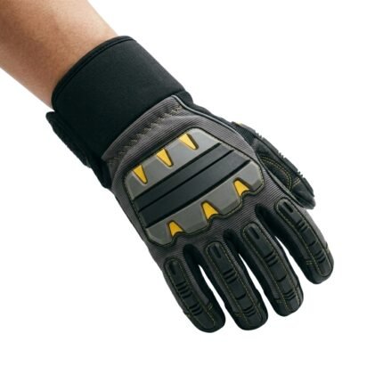 Working gloves worn on hands, close-up front view on plain background.