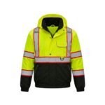 Front view of navy and black industrial workwear jacket with zipper, chest pockets, and reflective tape on the sleeves.