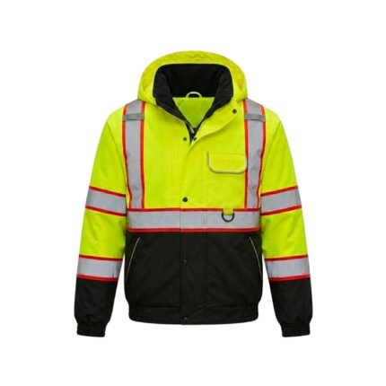 Front view of navy and black industrial workwear jacket with zipper, chest pockets, and reflective tape on the sleeves.