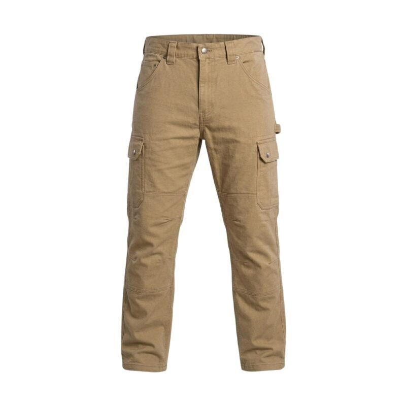 Assorted industrial workwear pants in multiple colors arranged side by side.