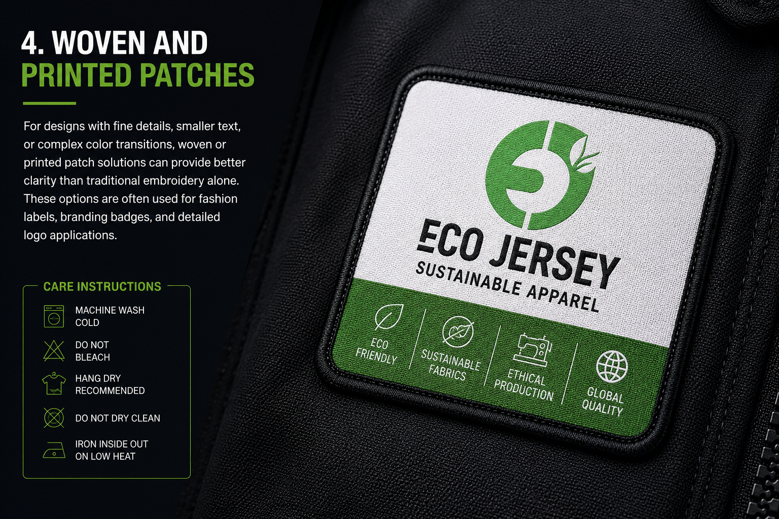 Custom woven and printed patch overview at Eco Jersey showing Eco Jersey Sustainable Apparel patch with eco-friendly, sustainable fabrics, ethical production, and global quality icons on a black garment for fashion branding and detailed logo applications
