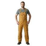 Male model wearing yellow men’s overalls, front view on plain background.