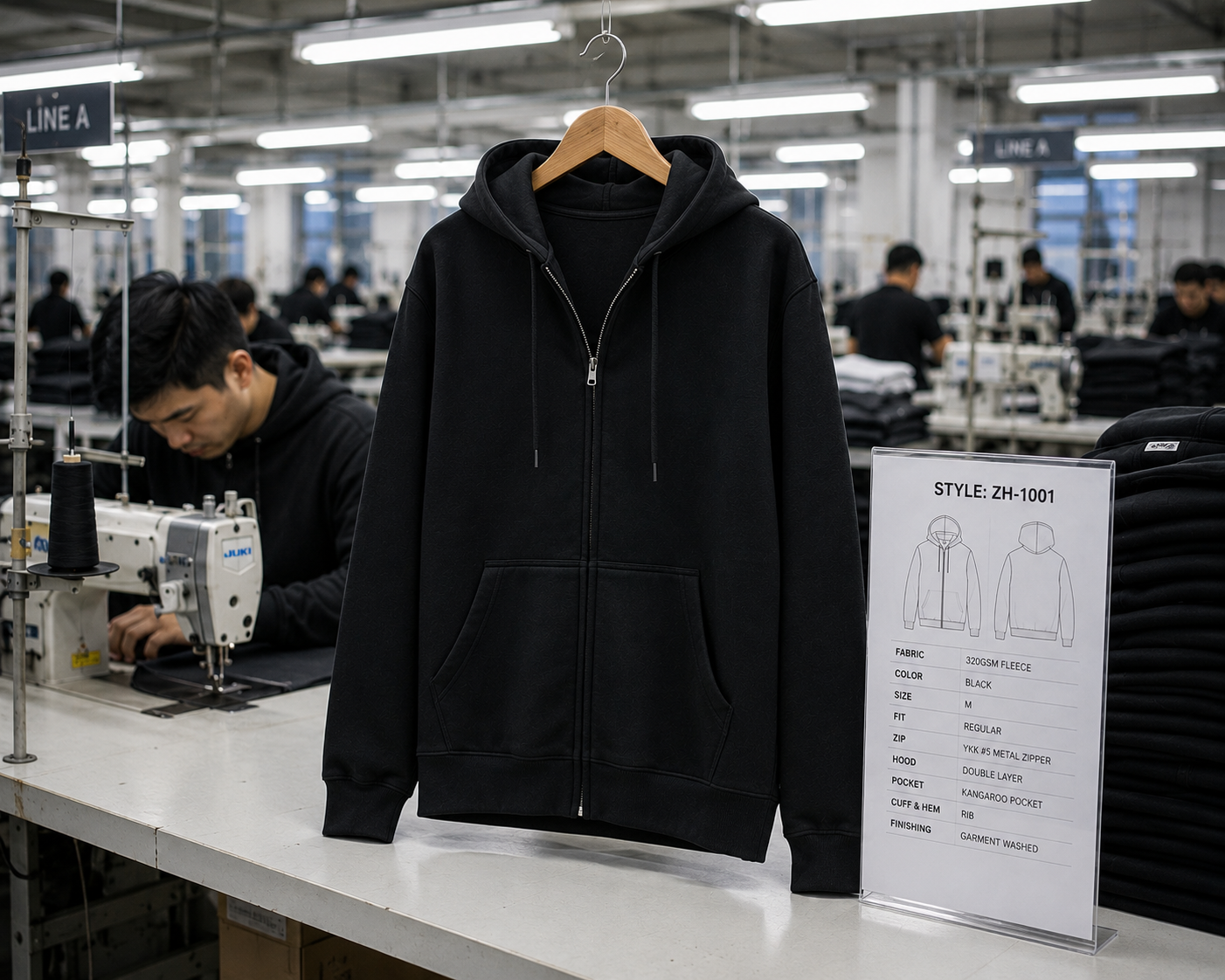 Custom zip-up hoodies manufacturer banner showcasing Eco Jersey Limited's full-zip hoodie B2B production services